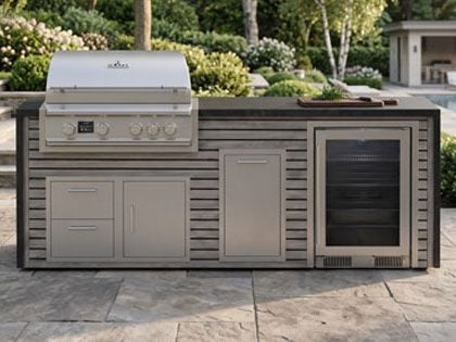 Big Ridge Waterfall 8 Ft Outdoor Kitchen Island with Blaze Premium 32" Grill, Refrigeration, Trash Drawer, Granite Countertop with Waterfall Granite Sides