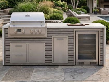 Big Ridge Waterfall 8 Ft Outdoor Kitchen Island with Blaze Premium 32" Grill, Refrigeration, Trash Drawer, Granite Countertop with Waterfall Granite Sides