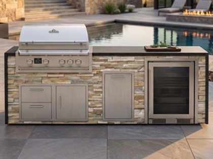 Big Ridge Waterfall 8 Ft Outdoor Kitchen Island with Blaze Premium 32" Grill, Refrigeration, Trash Drawer, Granite Countertop with Waterfall Granite Sides