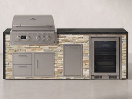 Big Ridge Waterfall 8 Ft Outdoor Kitchen Island with Blaze Premium 32" Grill, Refrigeration, Trash Drawer, Granite Countertop with Waterfall Granite Sides