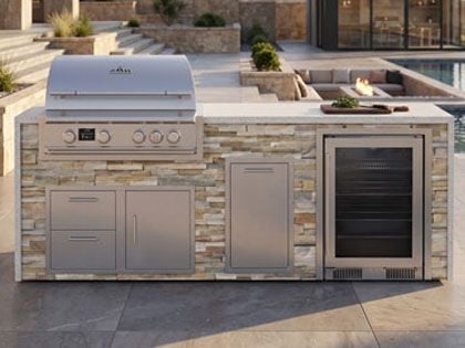 Big Ridge Waterfall 8 Ft Outdoor Kitchen Island with Blaze Premium 32" Grill, Refrigeration, Trash Drawer, Granite Countertop with Waterfall Granite Sides