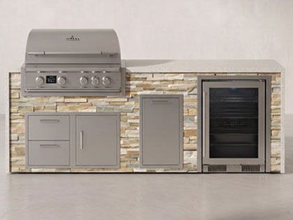 Big Ridge Waterfall 8 Ft Outdoor Kitchen Island with Blaze Premium 32" Grill, Refrigeration, Trash Drawer, Granite Countertop with Waterfall Granite Sides