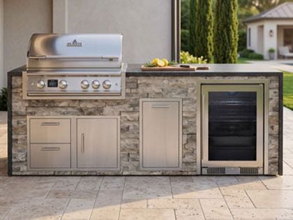 Big Ridge Waterfall 8 Ft Outdoor Kitchen Island with Blaze Premium 32" Grill, Refrigeration, Trash Drawer, Granite Countertop with Waterfall Granite Sides