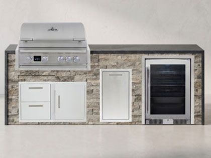Big Ridge Waterfall 8 Ft Outdoor Kitchen Island with Blaze Premium 32" Grill, Refrigeration, Trash Drawer, Granite Countertop with Waterfall Granite Sides