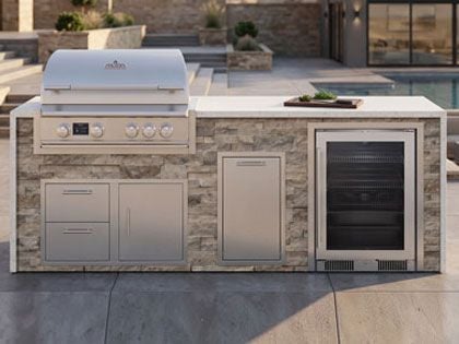 Big Ridge Waterfall 8 Ft Outdoor Kitchen Island with Blaze Premium 32" Grill, Refrigeration, Trash Drawer, Granite Countertop with Waterfall Granite Sides