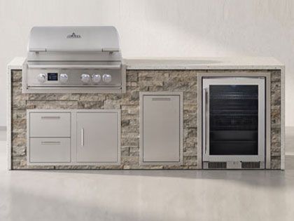 Big Ridge Waterfall 8 Ft Outdoor Kitchen Island with Blaze Premium 32" Grill, Refrigeration, Trash Drawer, Granite Countertop with Waterfall Granite Sides