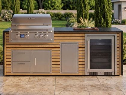 Big Ridge Waterfall 8 Ft Outdoor Kitchen Island with Blaze Premium 32" Grill, Refrigeration, Trash Drawer, Granite Countertop with Waterfall Granite Sides