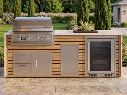 Big Ridge Waterfall 8 Ft Outdoor Kitchen Island with Blaze Premium 32" Grill, Refrigeration, Trash Drawer, Granite Countertop with Waterfall Granite Sides