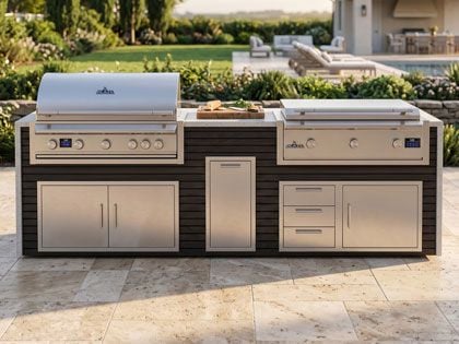 Big Ridge Waterfall 10 Ft Outdoor Kitchen Island with Blaze LTE PRO 40" Gas Grill and 40" Griddle, Granite Countertop with Waterfall Granite Sides
