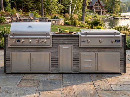 Big Ridge Waterfall 10 Ft Outdoor Kitchen Island with Blaze LTE PRO 40" Gas Grill and 40" Griddle, Granite Countertop with Waterfall Granite Sides