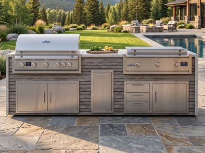 Big Ridge Waterfall 10 Ft Outdoor Kitchen Island with Blaze LTE PRO 40" Gas Grill and 40" Griddle, Granite Countertop with Waterfall Granite Sides