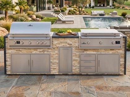 Big Ridge Waterfall 10 Ft Outdoor Kitchen Island with Blaze LTE PRO 40" Gas Grill and 40" Griddle, Granite Countertop with Waterfall Granite Sides