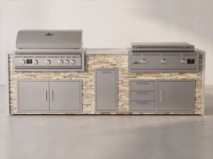 Big Ridge Waterfall 10 Ft Outdoor Kitchen Island with Blaze LTE PRO 40" Gas Grill and 40" Griddle, Granite Countertop with Waterfall Granite Sides
