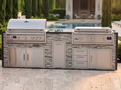 Big Ridge Waterfall 10 Ft Outdoor Kitchen Island with Blaze LTE PRO 40" Gas Grill and 40" Griddle, Granite Countertop with Waterfall Granite Sides