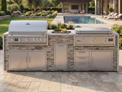Big Ridge Waterfall 10 Ft Outdoor Kitchen Island with Blaze LTE PRO 40" Gas Grill and 40" Griddle, Granite Countertop with Waterfall Granite Sides