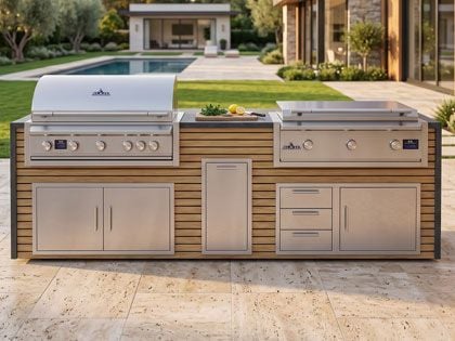 Big Ridge Waterfall 10 Ft Outdoor Kitchen Island with Blaze LTE PRO 40" Gas Grill and 40" Griddle, Granite Countertop with Waterfall Granite Sides