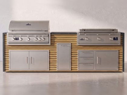 Big Ridge Waterfall 10 Ft Outdoor Kitchen Island with Blaze LTE PRO 40" Gas Grill and 40" Griddle, Granite Countertop with Waterfall Granite Sides