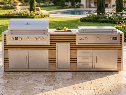 Big Ridge Waterfall 10 Ft Outdoor Kitchen Island with Blaze LTE PRO 40" Gas Grill and 40" Griddle, Granite Countertop with Waterfall Granite Sides