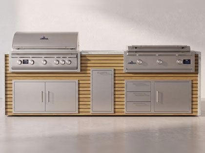 Big Ridge Waterfall 10 Ft Outdoor Kitchen Island with Blaze LTE PRO 40" Gas Grill and 40" Griddle, Granite Countertop with Waterfall Granite Sides