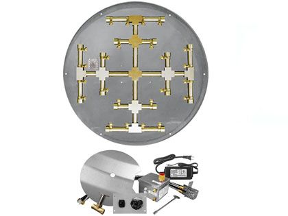 Firegear Fire Pit Burner Kit with Round Flat Pan & Pro Series Brass Snowflake Burner - AWS Electronic Ignition
