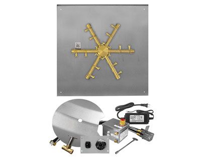 Firegear Fire Pit Burner Kit with Square Flat Pan & Pro Series Brass Burning Spur - AWS Electronic Ignition