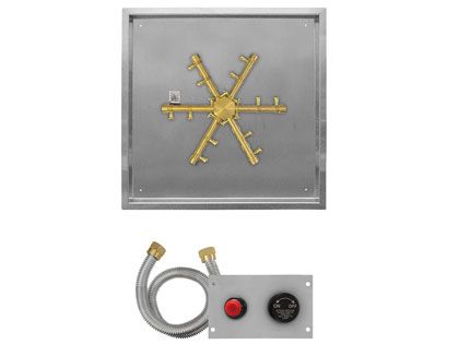 Firegear Fire Pit Burner Kit with Square Drop-In Pan & Pro Series Brass Burning Spur - TPSI Flame Sensing Spark Ignition