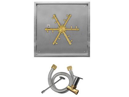 Firegear Fire Pit Burner Kit with Square Drop-In Pan & Pro Series Brass Burning Spur - Match Light Ignition