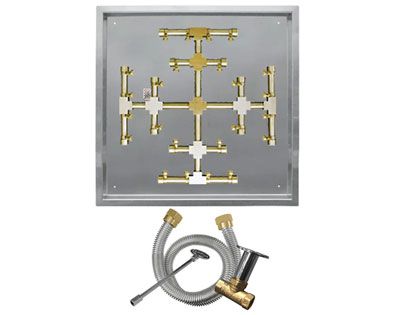 Firegear Fire Pit Burner Kit with Square Drop-In Pan & Pro Series Brass Snowflake Burner - Match Light Ignition