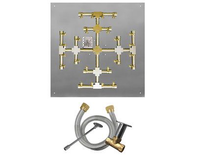 Firegear Fire Pit Burner Kit with Square Flat Pan & Pro Series Brass Snowflake Burner - Match Light Ignition