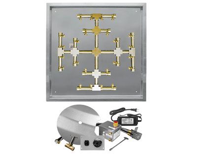 Firegear Fire Pit Burner Kit with Square Drop-In Pan & Pro Series Brass Snowflake Burner - AWS Electronic Ignition