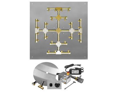 Firegear Fire Pit Burner Kit with Square Flat Pan & Pro Series Brass Snowflake Burner - AWS Electronic Ignition