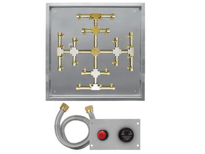 Firegear Fire Pit Burner Kit with Square Drop-In Pan & Pro Series Brass Snowflake Burner - TPSI Flame Sensing Spark Ignition