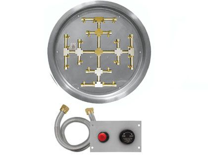 Firegear Fire Pit Burner Kit with Round Drop-In Pan & Pro Series Brass Snowflake Burner - TPSI Flame Sensing Spark Ignition