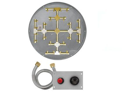 Firegear Fire Pit Burner Kit with Round Flat Pan & Pro Series Brass Snowflake Burner - TPSI Flame Sensing Spark Ignition
