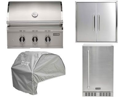 Coyote 4-Piece SL-Series 30-Inch 3-Burner Gas Grill Outdoor Kitchen Package With Ceramic Briquettes, Sear Burner, Infrared Rear Burner & Rotisserie Kit