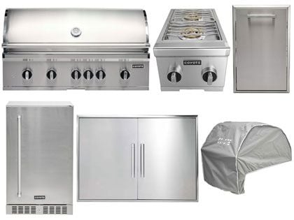 Coyote 6-Piece SL-Series 42-Inch 6-Burner Gas Grill Outdoor Kitchen Package With Ceramic Briquettes, Sear Burner, Infrared Rear Burner & Rotisserie Kit
