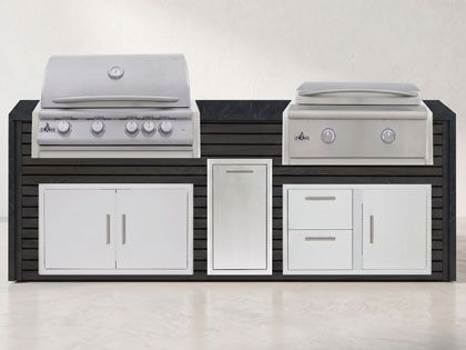 Big Ridge 8 Ft Outdoor Kitchen Island with Blaze Premium 32" Grill and 30" Griddle, Granite Countertop with Waterfall Granite Sides