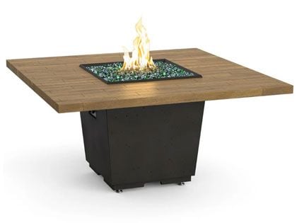 American Fyre Designs 60-Inch Reclaimed Wood Cosmopolitan Square Dining Firetable with Black Lava Base and French Barrel Oak Table Top
