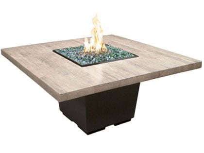 American Fyre Designs 60-Inch Reclaimed Wood Cosmopolitan Square Dining Firetable with Black Lava Base and Silver Pine Table Top