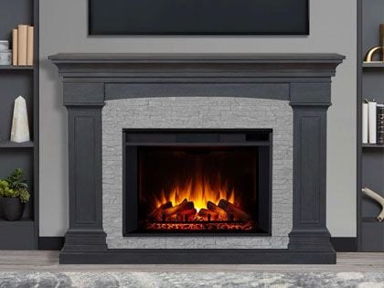 Deland Grand 63-Inch Electric Fireplace Mantel in Gray Stone