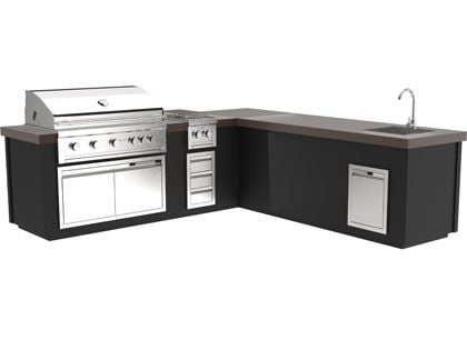 Videl 9 1/3-Ft Maestro L-Shaped Outdoor Kitchen Island with Gran Fuego 42-Inch 5-Burner Gas Grill, Double Side Burner and Sink