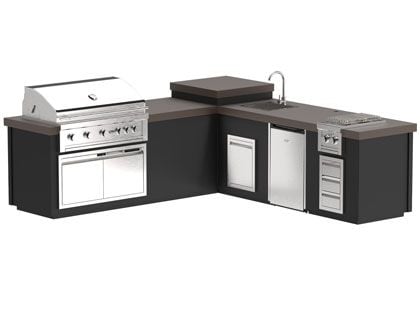 Videl 9 1/3-Ft Maestro L-Shaped Outdoor Kitchen Island with Gran Fuego 42-Inch 5-Burner Gas Grill, Double Side Burner, 4.5 Cu. Ft. Refrigerator and Sink