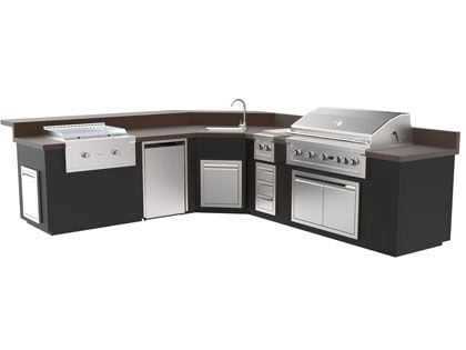 Videl 12-Ft Maestro L-Shaped Outdoor Kitchen Island with Gran Fuego 42-Inch 5-Burner Gas Grill, 30-Inch Gran Plancha Griddle, Double Side Burner, 4.5 Cu. Ft. Refrigerator and Sink