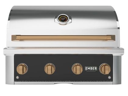 Wildfire Ember 32-Inch 4 Burner Black 304 Stainless Steel Gas Grill with Briquette System & Infrared Sear Burner - Brushed Bronze Accents
