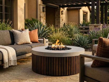 Prism Hardscapes 48-Inch Hampton Round GFRC & Brazilian Hardwood Gas Fire Table