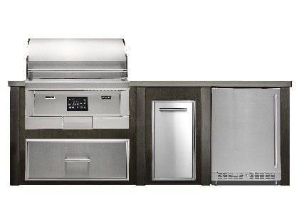 Haven 8 Ft. Outdoor Kitchen Island w/ Coyote 36-Inch Pellet Grill, Single Storage Drawer, Trash Center &24-Inch Refrigerator - Antique Bronze