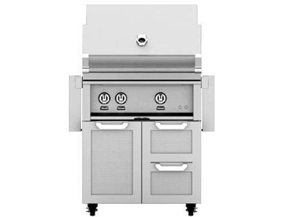Hestan 30-Inch 2-Burner Gas Grill with Infrared Sear Burner & Infrared Rotisserie Burner On Double Drawer & Door Tower Cart
