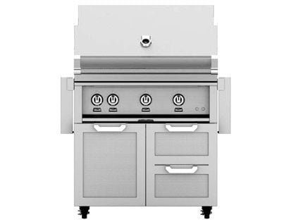 Hestan 36-Inch 3-Burner Gas Grill with Infrared Sear Burner & Infrared Rotisserie Burner On Double Drawer & Door Tower Cart