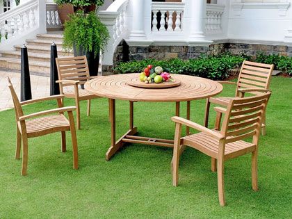 Royal 5-Piece 59-Inch Round Teak Outdoor Dining Set with Lazy Susan and Stacking Armchairs