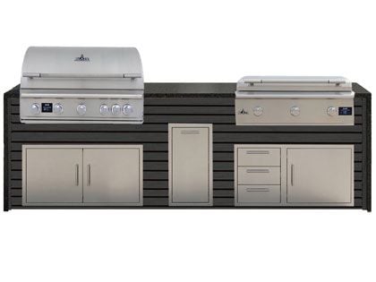 Blaze 10-Foot Grill Island with 40-Inch 5-Burner Gas Grill, 40-Inch 3-Burner Gas Griddle, Granite Countertop with Waterfall Granite Sides